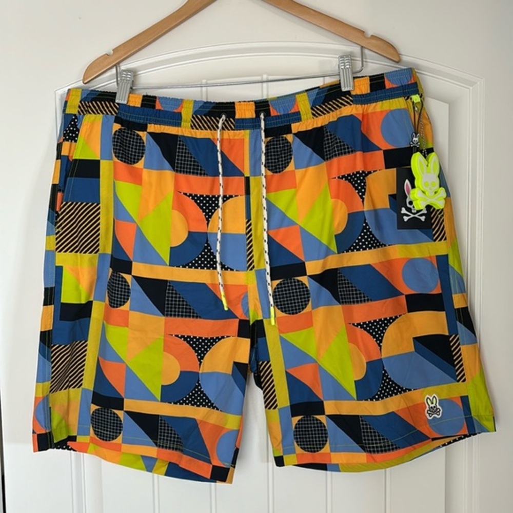 Psycho Bunny Henry Blue Orange‎ Geometric Lined Swim Trunks Shorts Mens Size 3XL